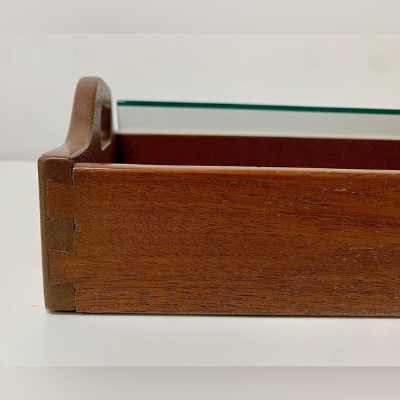 Mid Century Vintage Handled Glass Surface Dovetail Jointed Hardwood Tray - Picture 6 of 16